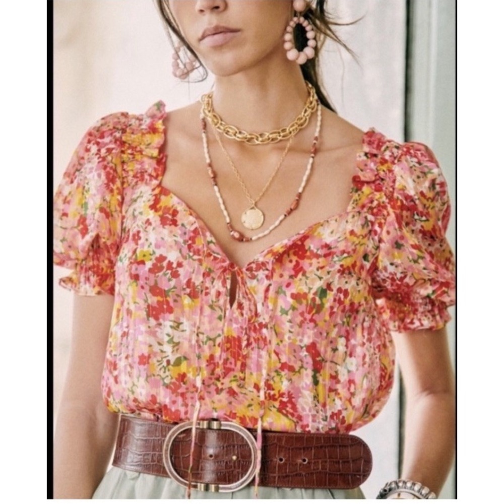 Sézane Rita Silk Blend Floral Blouse Woman's US 4/EU 36 Puff Sleeve Square Back